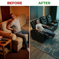 36.22" W Luxury Individual Seat Top Faux Leather Home Theater Seat Recliners Quadruple Seat with USB & Dual Cup Holders & Arm Storage (Set of 4) — Before & After