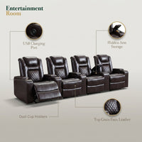 36.22" W Luxury Individual Seat Top Faux Leather Home Theater Seat Recliners Quadruple Seat with USB & Dual Cup Holders & Arm Storage (Set of 4) — infographic