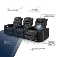 36.22" W Luxury Individual Seat Top Faux Leather Home Theater Seat Recliners Quadruple Seat with USB & Dual Cup Holders & Arm Storage (Set of 4) — How It Works