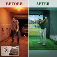 Golf Simulator Enclosure 10.7X8X5Ft & 8.5X8.5X5Ft Golf Simulators for Home | Light-Proof HD/4K Silent Impact Screen, Indoor/Outdoor - Includes Mat, Foam-Padded Iron Poles, Shank Net, Sandbag & Bonus Kit — Before & After