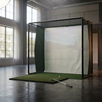 Golf Simulator Enclosure 10.7X8X5Ft & 8.5X8.5X5Ft Golf Simulators for Home | Light-Proof HD/4K Silent Impact Screen, Indoor/Outdoor - Includes Mat, Foam-Padded Iron Poles, Shank Net, Sandbag & Bonus Kit — Studio Shot