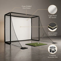 Golf Simulator Enclosure 10.7X8X5Ft & 8.5X8.5X5Ft Golf Simulators for Home | Light-Proof HD/4K Silent Impact Screen, Indoor/Outdoor - Includes Mat, Foam-Padded Iron Poles, Shank Net, Sandbag & Bonus Kit — infographic