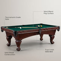 Pool Table Crafted for Tournament Play, 1-Inch Slate Bed, Solid Wood Frame, Wool-Blend Surface — infographic