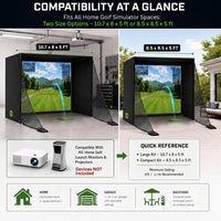 Golf Simulator Enclosure 10.7X8X5Ft & 8.5X8.5X5Ft Golf Simulators for Home | Light-Proof HD/4K Silent Impact Screen, Indoor/Outdoor - Includes Mat, Foam-Padded Iron Poles, Shank Net, Sandbag & Bonus Kit