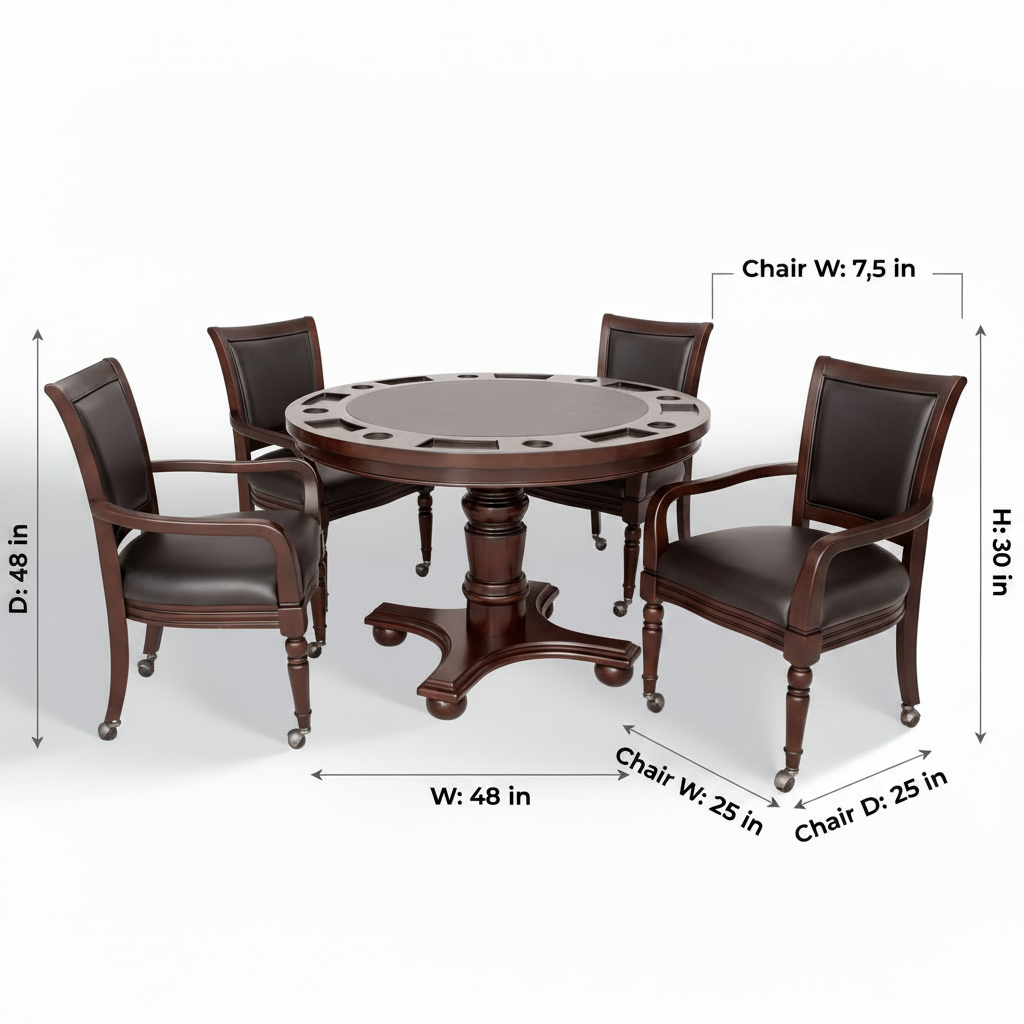 Bridgeport 2 in 1 round Poker Table and Chairs Set for Dining & Game Rooms – Furniture Grade Hardwood, Sturdy Pedestal Legs, Drink Holders, Chip Slots – Includes 4 Poker Table Chairs - Walnut