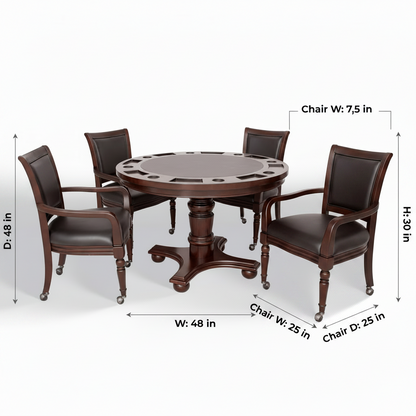 Bridgeport 2 in 1 round Poker Table and Chairs Set for Dining & Game Rooms – Furniture Grade Hardwood, Sturdy Pedestal Legs, Drink Holders, Chip Slots – Includes 4 Poker Table Chairs - Walnut